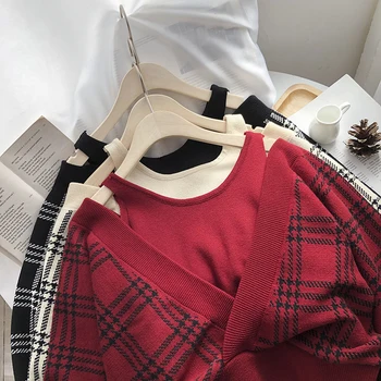 Prehoz farebný kontrast, šitie falošné dvoch-dielny dlhým rukávom žena kórejská verzia slim off-ramenný krátke sveter
