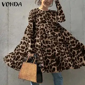 Prehrabla Šaty s Dlhým Rukávom Jar Sundress 2021 VONDA Vintage Leopard Tlač Mini Šaty, Dlhé Šaty, Vestido Plus Veľkosť Sundress