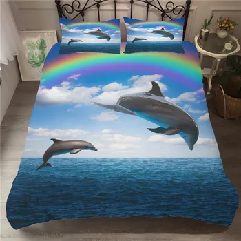Prešívané prikrývky a posteľná bielizeň Sady Delfíny pod Rainbow Vytlačené bytového Textilu s obliečka na Vankúš Perinu Spálňa Oblečenie Kráľovná Veľkosť