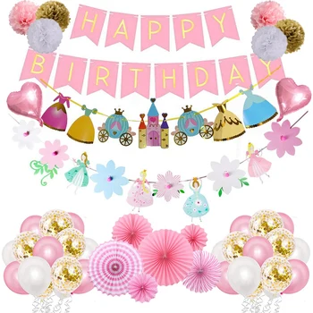 Princezná Narodeninovej Party Dodávky Dievča, Ružová A Zlatá Narodeninovej Party Dekorácie s Princezná Garland Latexové Balóny, Papierové kvety
