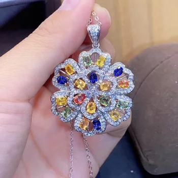 Prirodzené farby sapphire náhrdelník. Vzácny klenot high-end lady šperky. 925 silver luxusný dizajn