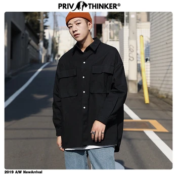 Privathinker jednofarebné pánske Dlhý Rukáv Košele 2020 kórejský Šedá Iirregular Blúzka Streetwear Muž Bežné Čierne Biele Košele