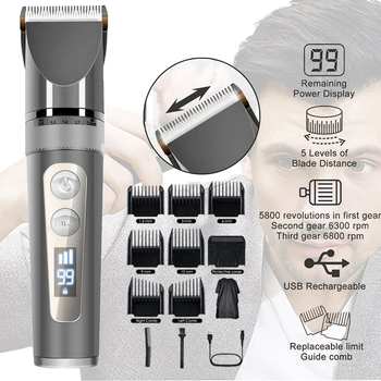Profesionálne Elektrické Hair Clipper Akumulátorový Zastrihávač Chĺpkov Rýchle Nabíjanie Holičstvo LED Displej Vlasy Rezací Stroj 8 Príručka Hrebene