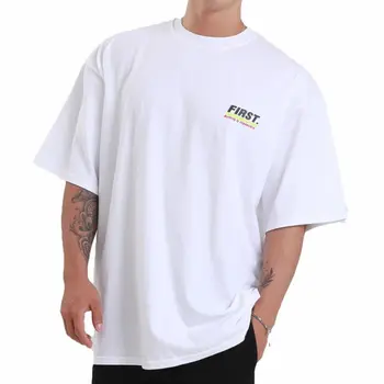 Príležitostné Voľné tričko Mužov Gym Fitness Krátky rukáv Bavlna Tlačiť T-shirt Muž Cvičenie Biele Tričká Topy Plus veľkosť Letné Oblečenie