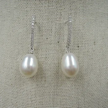 Príroda sladkovodné pearl náušnice , AAAAA veľký pokles pearl 9-10 MM DĹŽKA: 12-15 MM , 925 strieborný háčik