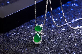Prírodné Green Jade Chalcedony Mačka Achát Prívesok 925 Strieborný Náhrdelník Čínsky Vyrezávané Módne Kúzlo Šperky Amulet pre Ženy, Darčeky