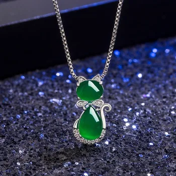 Prírodné Green Jade Chalcedony Mačka Achát Prívesok 925 Strieborný Náhrdelník Čínsky Vyrezávané Módne Kúzlo Šperky Amulet pre Ženy, Darčeky