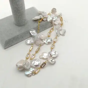 Prírodné top-vŕtané Biela Keshi Perlový Náhrdelník Prívesok Zlatej farby á Cubic Zirconia micro pave sveter reťazca náhrdelník