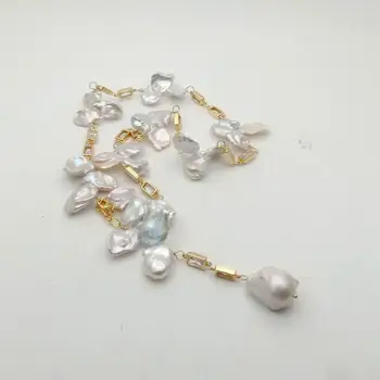 Prírodné top-vŕtané Biela Keshi Perlový Náhrdelník Prívesok Zlatej farby á Cubic Zirconia micro pave sveter reťazca náhrdelník