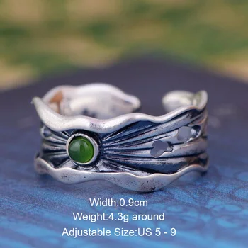 Prírodný Kameň Green Jade Otvoriť Prstene Pre Ženy Vintage Strom Pobočky Vzor Thai Strieborné Srdce Tvarované Duté Dizajn Jemné Šperky