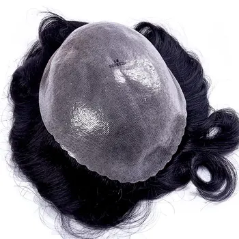 PU Mens Toupee Tenká Koža PU 6 mm-8 mm Vlny Indického Ľudské Remy Vlasy Parochňa Vysoko Kvalitné pánske Hairpiece Vlasy Systém Tmavo Hnedé 1B10