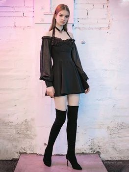 PUNK RAVE Dievča je Gotický Denne s uväzovaním za Golier Šifón Spojov Volánikmi Šaty Jar Leto Ženy Mini Šaty Streetwear
