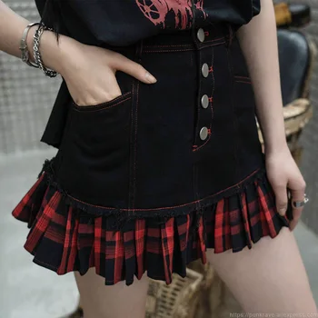 PUNK RAVE Dievča je Gotický na Zips Dvojité Vrstvený Asymetrické Lem Sukne Punk Sexy Ženy, Skladaný Kockované Sukni
