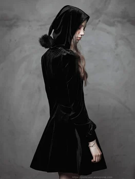 PUNK RAVE Dievča to na Jeseň Retro Zamatové Šaty s Kapucňou Gotický Denne Slim Fit Šaty Halloween Cosplay Čarodejnice Šaty Šaty, Oblečenie pre Ženy