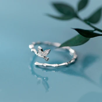 Pure 925 Sterling Silver Rastlín, Bambusové Tvar S CZ Zirkón Motýľ Krúžok Geometrické prst Prsteň Pre Ženy Elegantný Darček