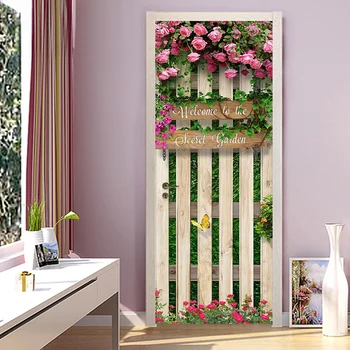 PVC Samolepiace Dvere Nálepka, 3D drevená Doska Ruže, Kvety nástennú maľbu, Tapety Obývacia Izba Reštaurácia Dvere Plagát Nepremokavé Nálepky