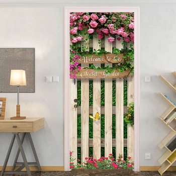 PVC Samolepiace Dvere Nálepka, 3D drevená Doska Ruže, Kvety nástennú maľbu, Tapety Obývacia Izba Reštaurácia Dvere Plagát Nepremokavé Nálepky