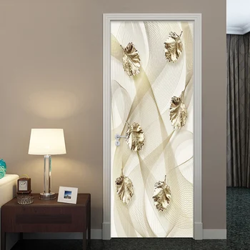 PVC Tapety 3D Razené Zlaté Lístie Dvere Nálepky, Obývacia Izba, Spálňa Samolepiace Nepremokavé Luxusné Domova Nálepka na Stenu
