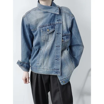 Pánske Asymetrický Dizajn Denim Jacket Muž Ženy Streetwear Hip Hop Vintage Módy Voľné Bežné Jean Kabát vrchné oblečenie