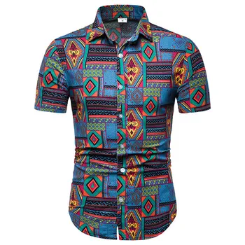 Pánske Bavlnené Obliečky Košeľu 2020 Módne Ročníka Afrického Etnických Tlač Tričko Mužov Slim Fit Krátky Rukáv Havajské Košele Camisas