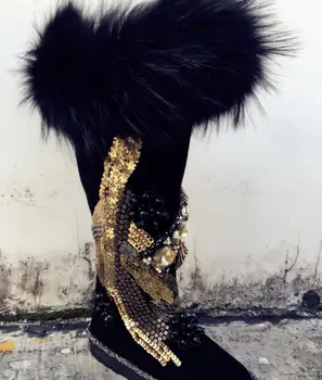 Pôvodné Európske stanice nadrozmerné fox kožušiny ťažká práca korálky kus drahokamu kožené nad kolená vysoké trubice snow topánky