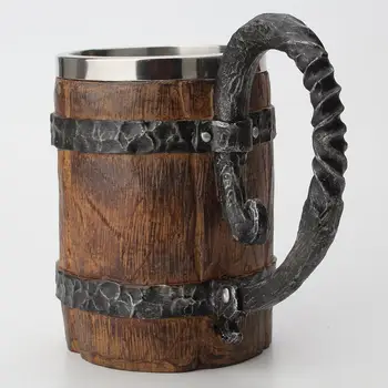 Pôvodné Viking Drevený Sud Piva Hrnček Vedro Tvarované Drinkware S Rukoväť z Nerezovej Ocele Dvojité Steny Koktejlové Poháre pre Bar
