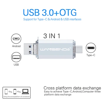 Pôvodné WANSENDA OTG USB Flash 3 v 1 USB3.0 & Type-C & Micro USB Pero Disku 512 gb diskom 256 GB 128 GB 64 GB 32 GB Pendrives