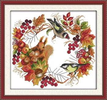 Radosť veniec Cross Stitch cartoon zvierat, vtákov, jesenné ovocie DMC farba 11ct 14ct 18ct Nastaviť DIY Bavlna Auta Výšivky, Výšivky