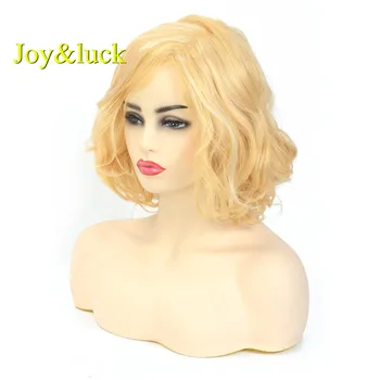 Radosť&šťastie Krátke Prirodzené Vlnité Blond Parochňu Žltej Farby Syntetické Parochne pre Ženy, Cosplay a Párty Parochňa