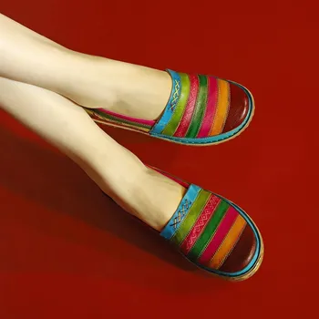 Rainbow Prúžok Originálne Kožené Ploché Topánky Žena Vintage Mokasíny Dámske Topánky Bežné Pošmyknúť Na Retro Leto Jar Mäkké Byty
