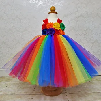Rainbow Tutu Dlhé Šaty, Baby, Dievčatá, Háčkovanie Tylu Popruh Šaty plesové Šaty s Ošumelé Kvety Deti, Svadobné Party Šaty, Kostýmy