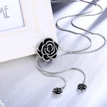 RAVIMOUR Čiernej Ruže Kvet Dlhý Náhrdelník Ženy Módy Náhrdelníky & Prívesky, Strieborná Farba Reťazca Choker Šperky Nové