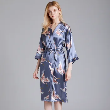 Rayon Sleepwear Lady Dlhý Rukáv Tlač Žeriav Kimono Župan Šaty Nightgown Oblečenie Odev Intímne Spodné Prádlo, Sexi Oblečenie Pre Voľný Čas