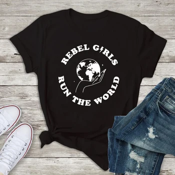Rebel Dievčatá Beh Sveta T-shirt Fashion Girl Power Graphic Tee Tričko Top Bežné Ženy, Krátky Rukáv Feministické Tričko Camiseta
