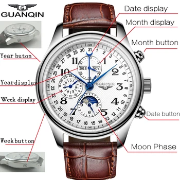Relogio Masculino GUANQIN Automatické Nepremokavé Sapphire nehrdzavejúcej Multifunkčné Muži Mechanické Hodinky Top Značky Luxusné hodinky