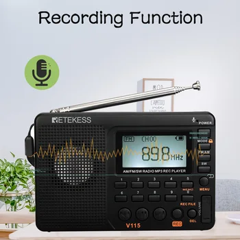 Retekess V115 FM/AM/SW Rádio Prijímač Prenosný MP3 Prehrávač REC Záznamník Prenosné Rádio S Sleep Timer TF Karty