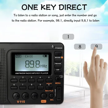 Retekess V115 FM/AM/SW Rádio Prijímač Prenosný MP3 Prehrávač REC Záznamník Prenosné Rádio S Sleep Timer TF Karty