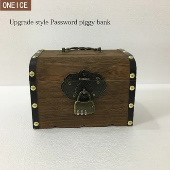 Retro prasiatko drevené ručné hesla medený zámok deti mince box veľkú kapacitu bankovky a mince bezpečné peniaze box peniaze