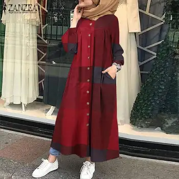 Retro Skontrolovať Tričko Oblečenie dámske na Jeseň Sundress ZANZEA 2021 Bežné Moslimských Abaya Šaty Žena Tlačidlo Maxi Vestidos Plus Veľkosť