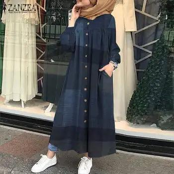 Retro Skontrolovať Tričko Oblečenie dámske na Jeseň Sundress ZANZEA 2021 Bežné Moslimských Abaya Šaty Žena Tlačidlo Maxi Vestidos Plus Veľkosť