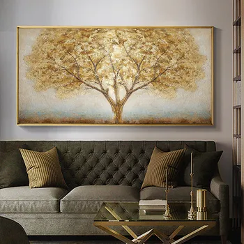 Reštaurácia spálne, obývacia izba umelecké dekorácie, maliarske plátna nástenné maľby šťastie strom zlatom ručne maľované olejomaľba