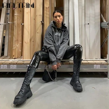 RIBETRINI originálne kožené dámske štýlové punk platforma topánky čipky polovici teľa topánky motocycle ženy topánky na jeseň zimné topánky žena