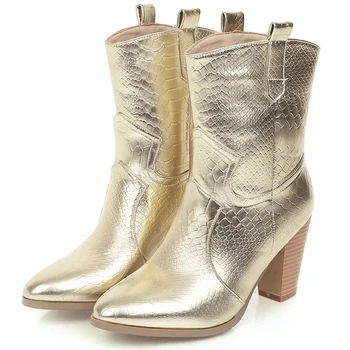 RIBETRINI Zlaté Ženy Módne Členkové Topánky Ženy Pošmyknúť Na Chelsea Značky Topánky Námestie Päty Retro Classic Boots