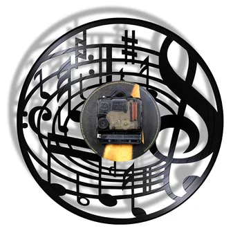 Rock n Roll Music Poznámka LED Nočné Svetlo Lampy Treble Clef Nástenné Hodiny Vyrobené Z pravého Vinyl Pokojnej Sweep Sledovať reloj de porovnanie