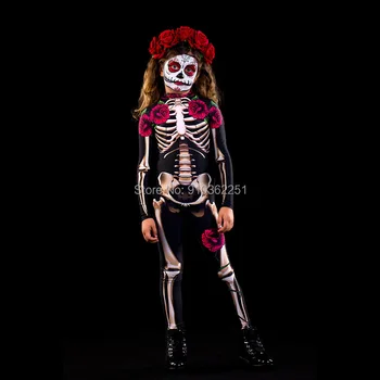 Rodina Halloween Kostýmy Diabol Kostým Kostra Ženy Rose Horor Ghost Jumpsuit Výkon Strašidelné Deti Dievča Deň Mŕtvych