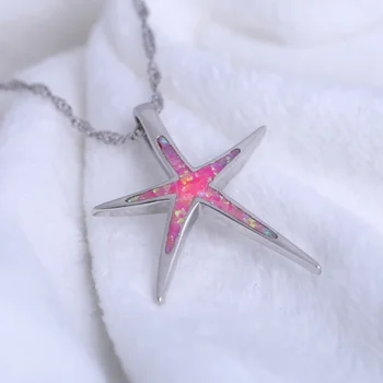 ROLILASON Star dizajn ženy náhrdelník ružová fire opal striebro pečiatkou Náhrdelník Prívesky Zdravie módne šperky OP822