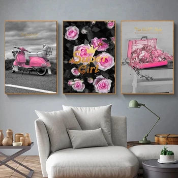 Romantické Ružové Kvety Šedé Pozadie Plagáty Plátno na Maľovanie Moderný Motocykel Vytlačí Umenie Tapety pre Obývacia Izba, Spálňa