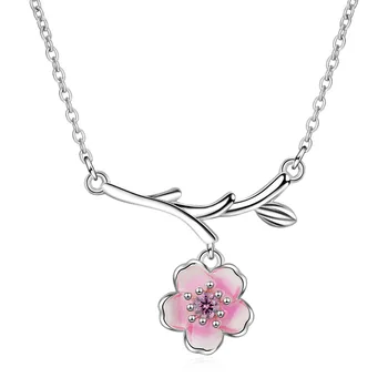 Romantický 925 Sterling Silver Ružová Čerešňový Kvet Náhrdelníky pre Ženy Zirkón Sakura Kvet Krátke Clavicle Reťazca Choker Šperky