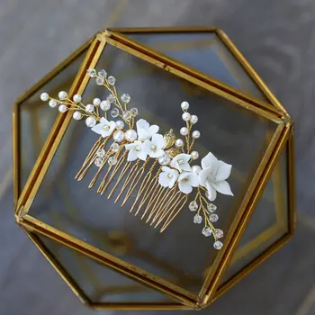 Romantický Ručné Kvety Vlasy Hrebeňom Crystal Pearl Svadobné Doplnky Do Vlasov Zlaté Svadobné Headpiece