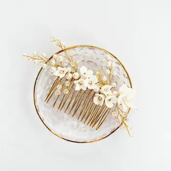 Romantický Ručné Kvety Vlasy Hrebeňom Crystal Pearl Svadobné Doplnky Do Vlasov Zlaté Svadobné Headpiece